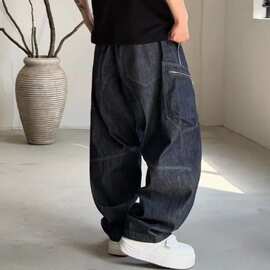 秋季新款宽松复古水洗百搭阔腿弯刀裤男士松紧腰美式休闲牛仔长裤