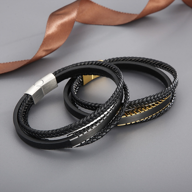 304 Stainless Steel Chain Material Casual Simple Style Geometric Stainless Steel Cowhide Braid Men's Bangle Men Cord & Leather Bracelets