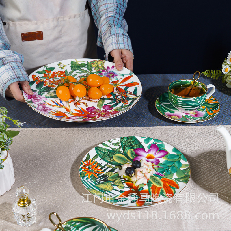 H's Tropical Rainforest Series Double-Layer Cake Plate Set for Home and Hotel Banquets, Bone China Fruit and Dessert Platter H's Tropical Rainforest Series Double-Layer Cake Plate Set for Home and Hotel Banquets, Bone China Fruit and Dessert Platter