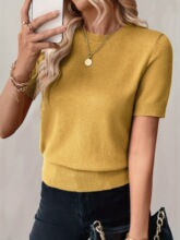 L 10843 Thin Knit Round Neck Short Sleeve Top ����Բ����֯��