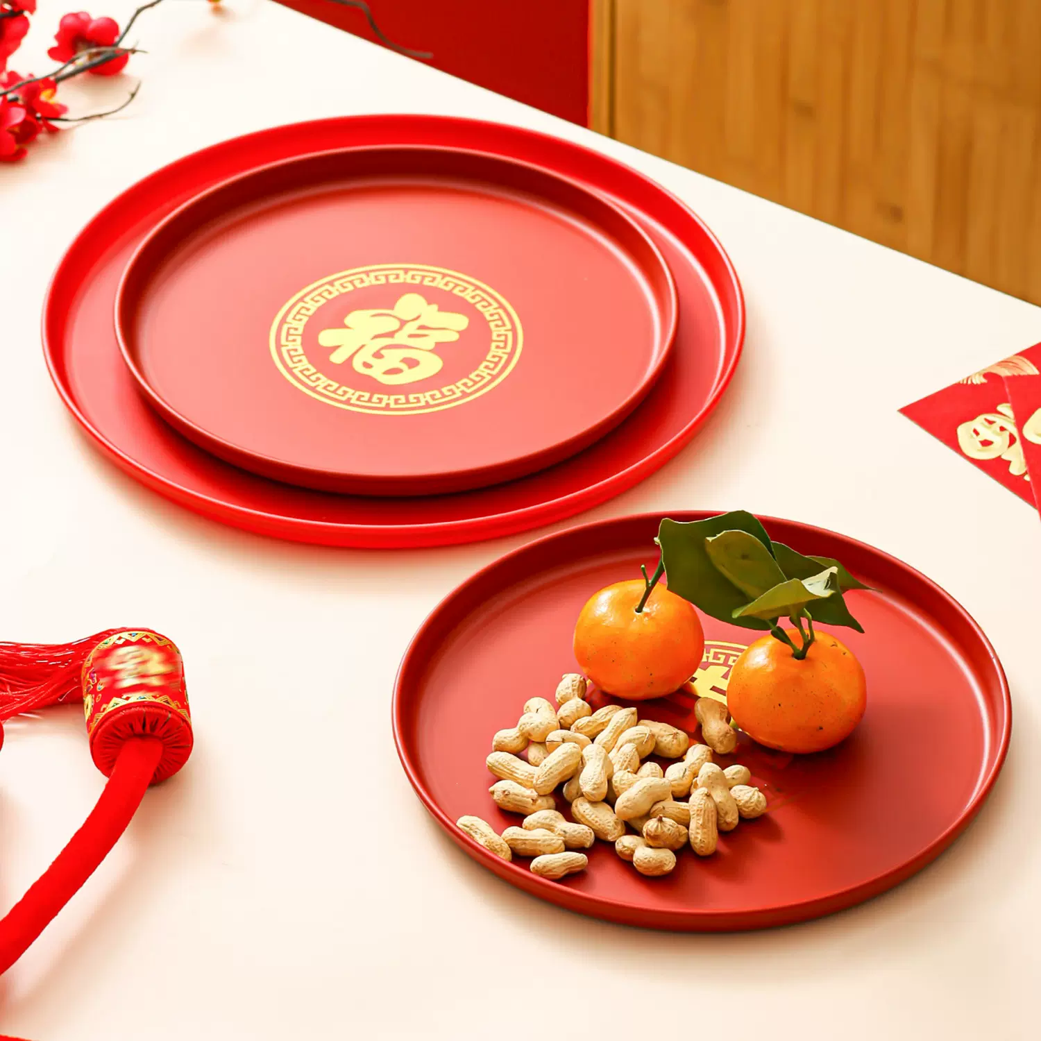 结婚喜盘婚庆托盘圆形红色盘子新娘敬茶糖果盘塑料中式方形干果盘