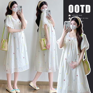 2025 Summer Fashion Elegant Tencel Embroidery Lightweight Bubble Sleeve Pregnant Women dress
