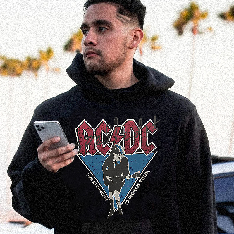 European and American fashion brand hip hop American ACDC retro rock personality printed high street fleece-lined FOG hooded hoodie
