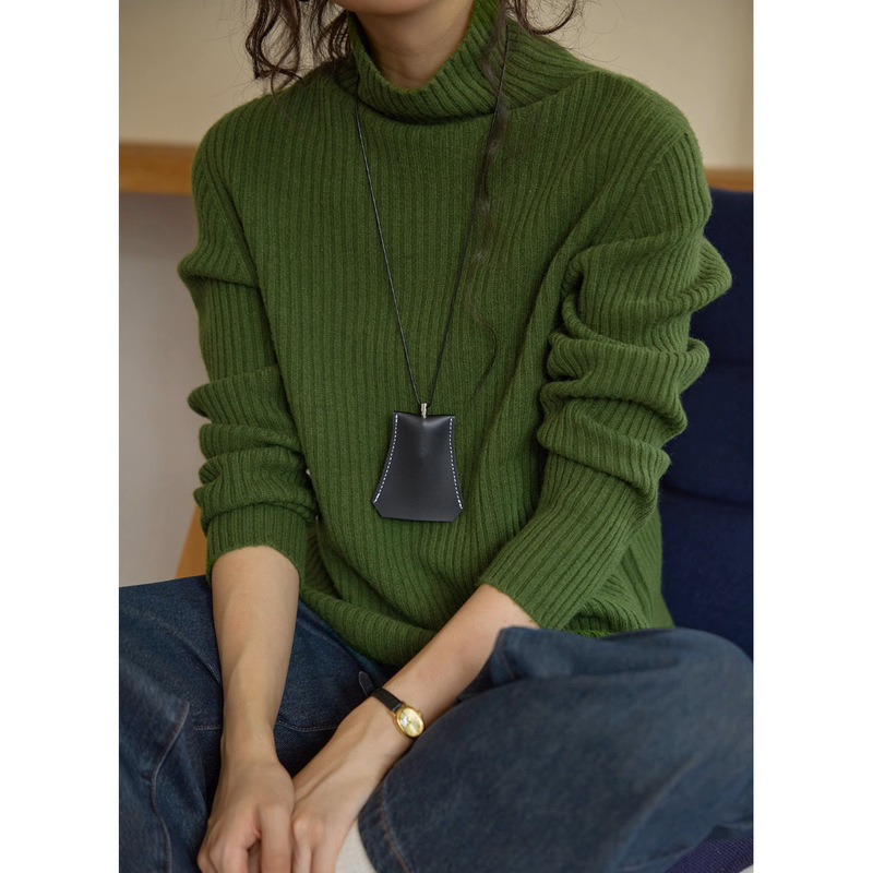 French White Wool Vertical Pit Strip Turtleneck Sweater Women's Autumn and Winter Inner Pullover Long Sleeve Threaded Base Knitted Top