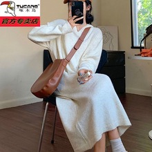 羊毛连帽针织连衣裙女秋冬过膝长款加厚宽松卫衣内搭毛衣裙