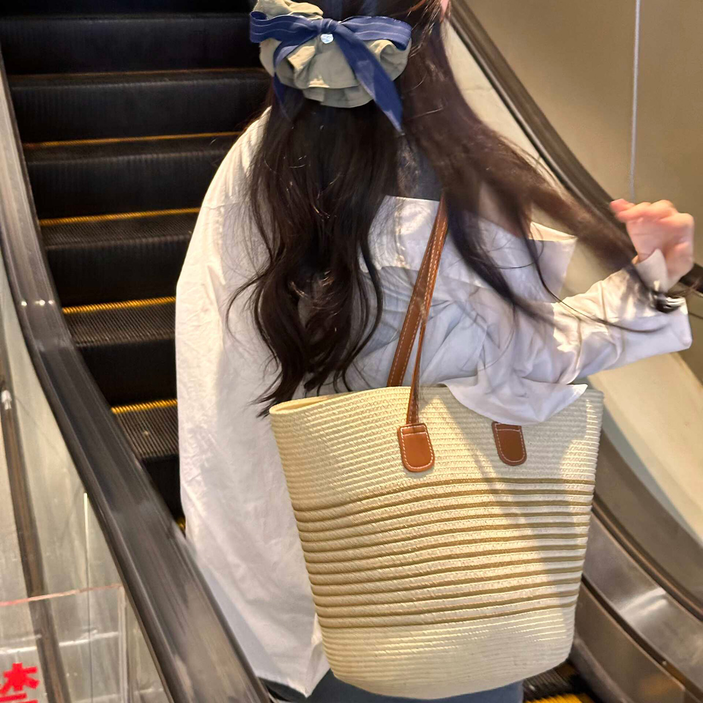 Woven straw capacious basket one shoulder