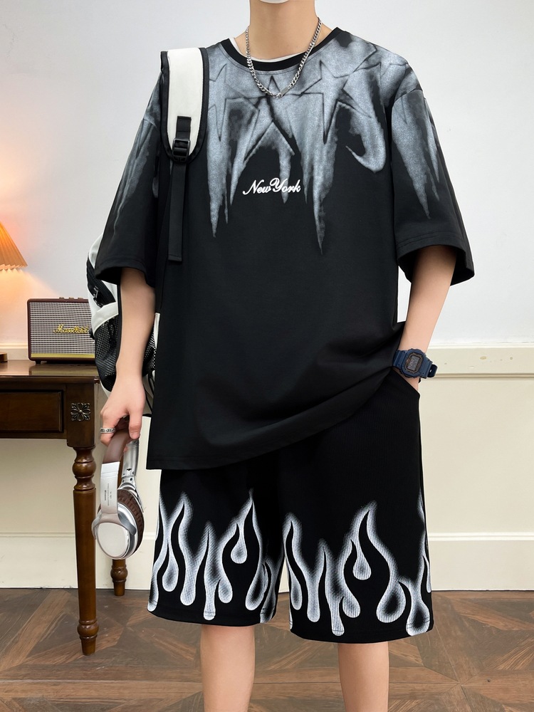 Verano hombre cuello redondo juego deportivo mangas cortas pantalones cortos casuales dos piezas juego camiseta de moda juvenil versátil