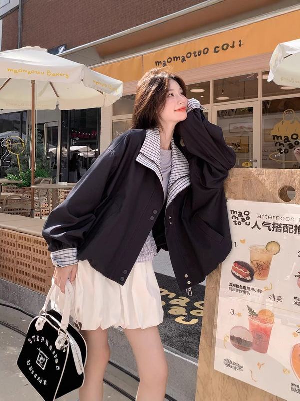 美式跨境复古格纹拼接假两件棒球服外套女春季高级感宽松工装夹克|undefined