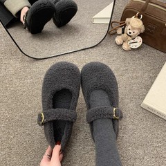 法式2025灰色毛毛鞋女冬外穿新款韩版包头女平底加绒保暖浅口棉鞋