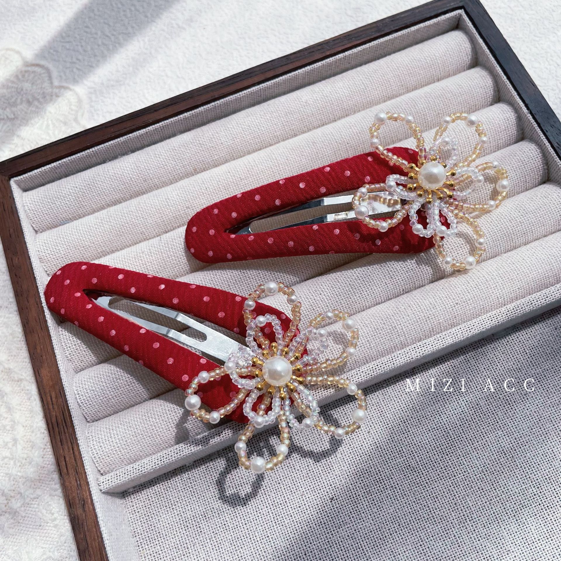 巴洛克花朵发夹韩国ins红色珍珠波点bb夹时尚简约刘海夹侧边发夹