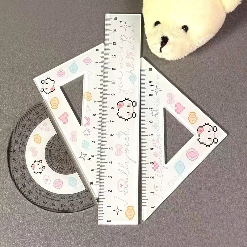 可爱卡通KT像素套尺学生卡通全套三角尺直尺文具圆尺|undefined