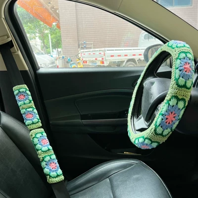 Interior Steering Wheel Cover Warm | Steering wheel cover - light-green-gerbera-steering-wheel-cover1seat-belt-cover2