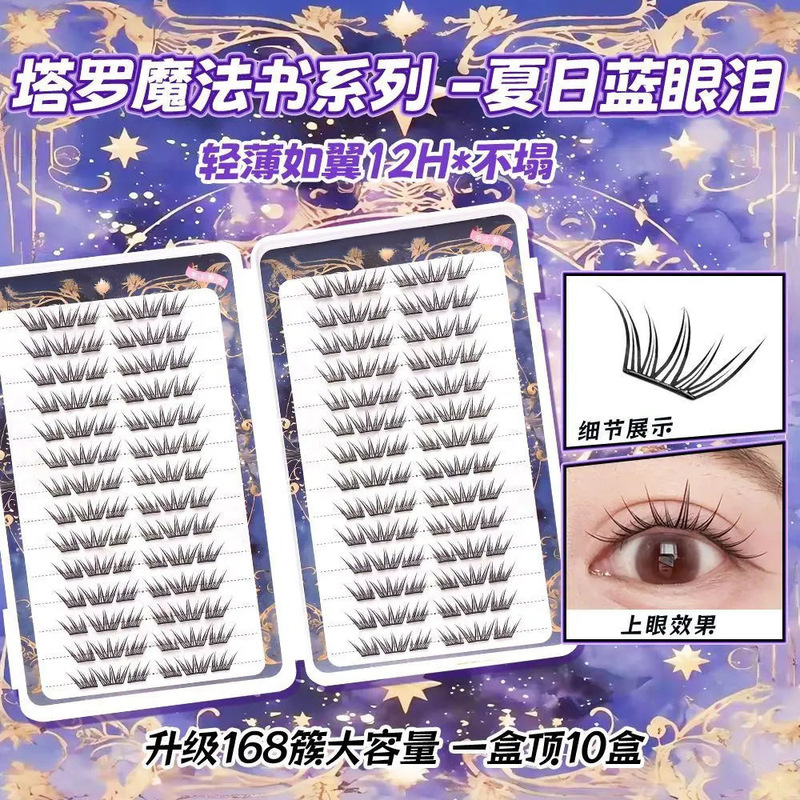 夏日蓝眼泪28排大容量免胶假睫毛单簇卷翘小薄片漫画梦幻上眼睫毛|undefined