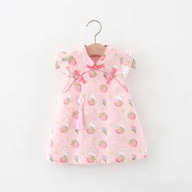 夏季新款童装批发 兔子草帽印花改良女童旗袍 一件代发