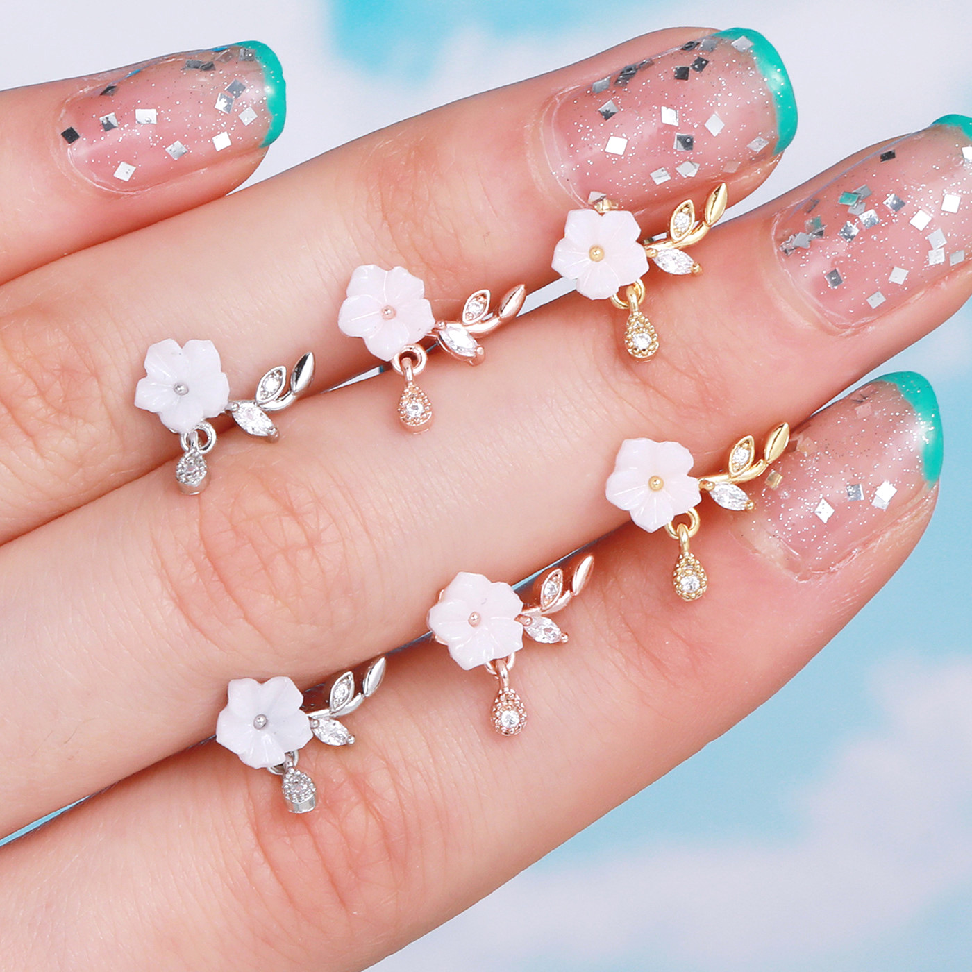 fashion white flower ear bone stud stainless steel rod piercing screw ball ear stud