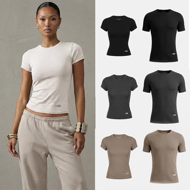 Badblood Slim Fit Round Neck Top, Versatile Casual Sports Breathable Minimalist Style Solid Color Summer T-Shirt for Women Badblood Slim Fit Round Neck Top, Versatile Casual Sports Breathable Minimalist Style Solid Color Summer T-Shirt for Women