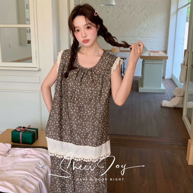 Summer Thin Pure Cotton Gauze Pajamas, Round Neck, Sleeveless, Long Pants, Home Wear, Soft and Retro Lace Set, Can Be Worn Outside Summer Thin Pure Cotton Gauze Pajamas, Round Neck, Sleeveless, Long Pants, Home Wear, Soft and Retro Lace Set, Can Be Worn Outside