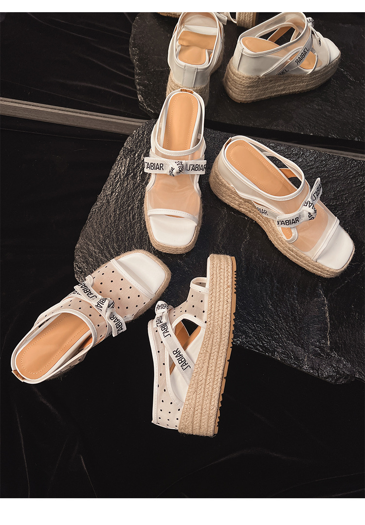 Sandal hở mũi nữ đế xuồng lưới chấm bi gót độn cao 2025 — Chấm bi trắng, Màu trắng chi tiết 20