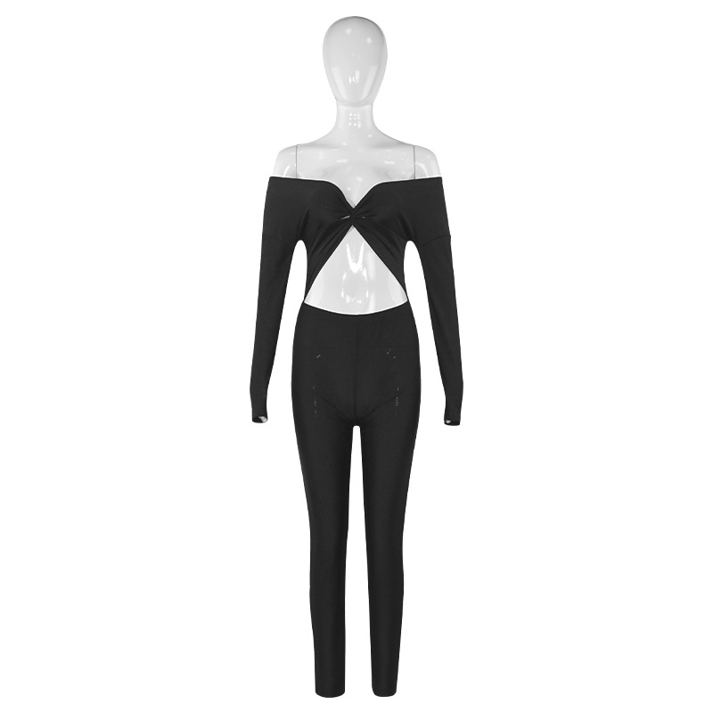 Autumn Solid Color V Neck Twist Hollow Out Cutout Cropped Sexy High Waist Long Sleeve Jumpsuit