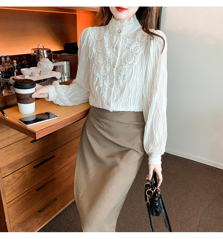 2022 Autumn/Winter new style fleece high-neck lace shirt chiffon shirt top, elegant base layer, fairy pic 9