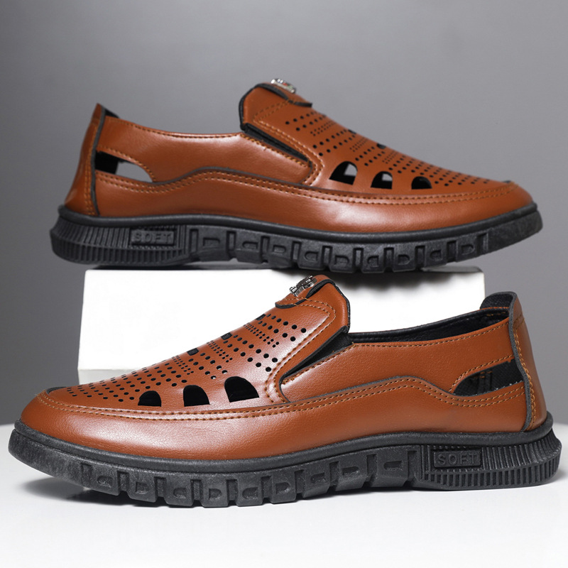 Estilo caliente 2025 primavera y verano sandalias de hombre, fondo suave transpirable, sandalias de cuero huecas antideslizantes para padres de mediana edad y ancianos