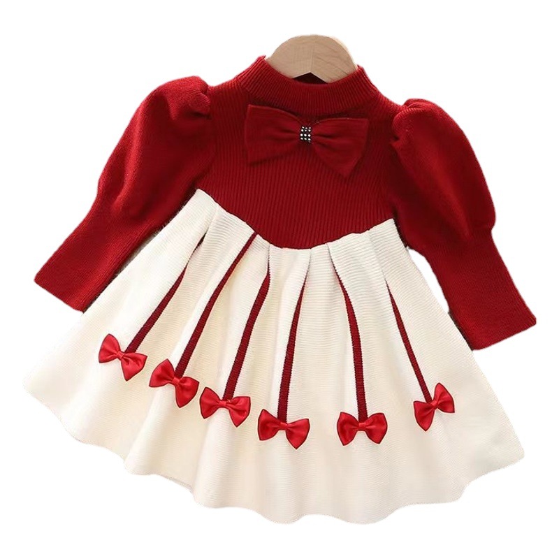 2022 otoño y el invierno de las mujeres del Tesoro corte puff manga de lana princesa vestido de niña de punto vestido de cuello redondo
