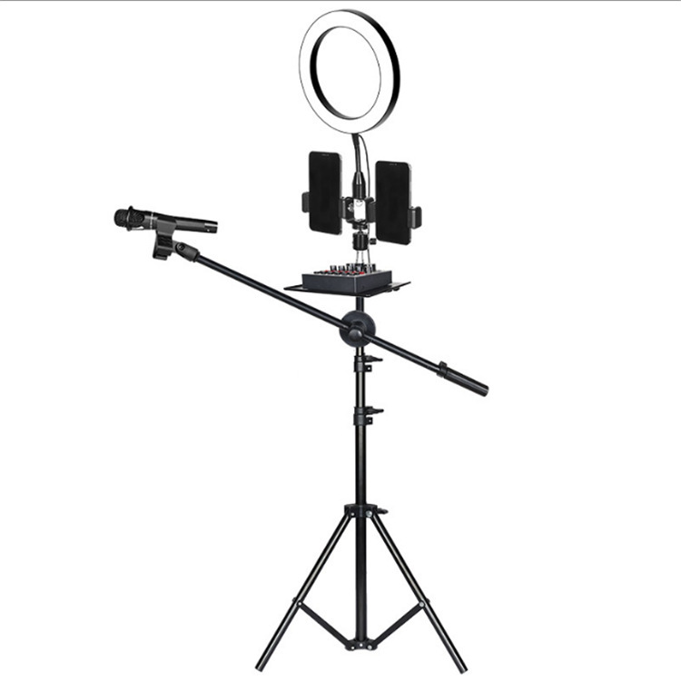Soporte de micrófono integrado Luz de relleno tarjeta de sonido en vivo tipo piso mano rápida multifunción equipo de anclaje de tres posiciones estante de la esquina
