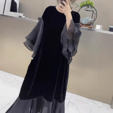 胖mm特大码300斤春秋季荷叶边袖圆领连衣裙子中长款金丝绒复古宽