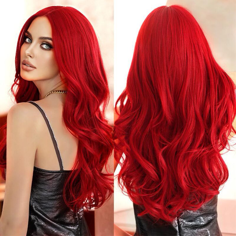 2024 Amazon European and American New Women's Wig Fashion Red Chemical Fiber Large Wave Long Curly Hair Wig Headset