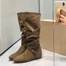 挪威堆堆靴~5cm内增高交叉扣带中高筒牛仔长靴女西部靴