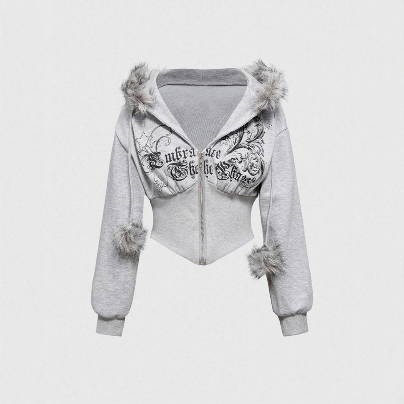 2025 American Retro Fur Collar Splicing Cardigan Sweatshirt Cross-Border Casual Zipper Waist Slimming Look Short Jacket Top 2025 American Retro Fur Collar Splicing Cardigan Sweatshirt Cross-Border Casual Zipper Waist Slimming Look Short Jacket Top