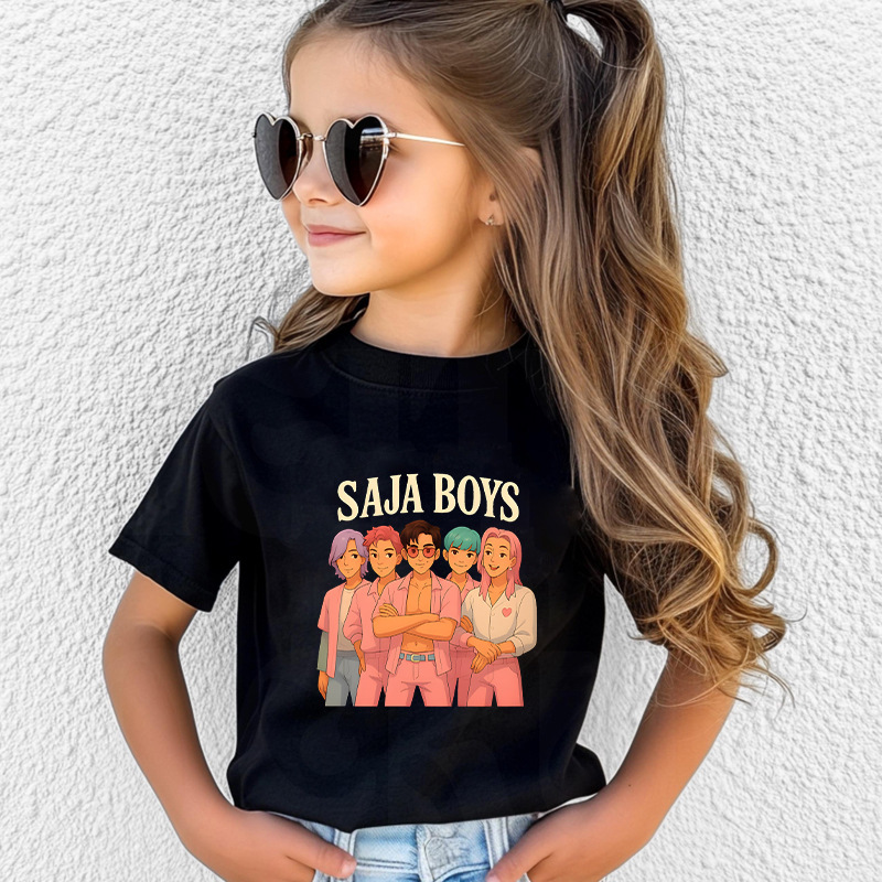 猎魔女团 Saja Boys印花精梳棉黑色圆领上衣短袖中小儿童T恤0707|undefined