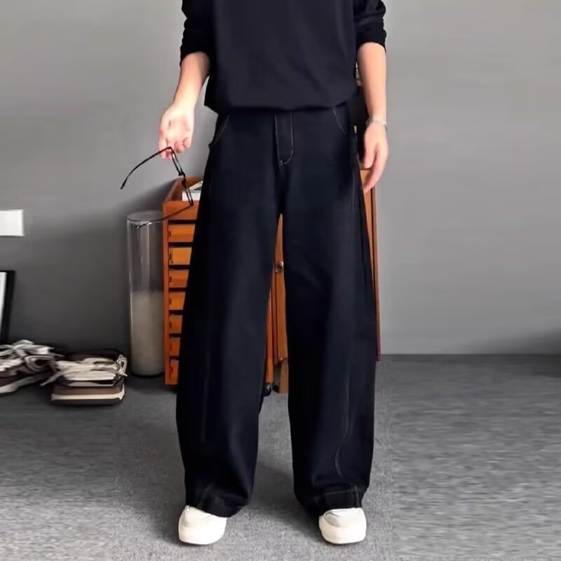 Summer Pants Men's Scimitar Jeans Trendy Versatile Straight Pants Simple Design Loose Trousers Men's Wide-Leg Pants