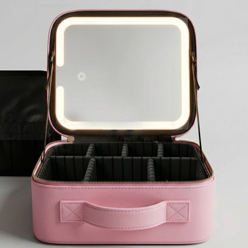 Bolsa de maquillaje de alta calidad con espejo con LED, partición desmontable, bolsa de maquillaje portátil impermeable de almacenamiento de gran capacidad