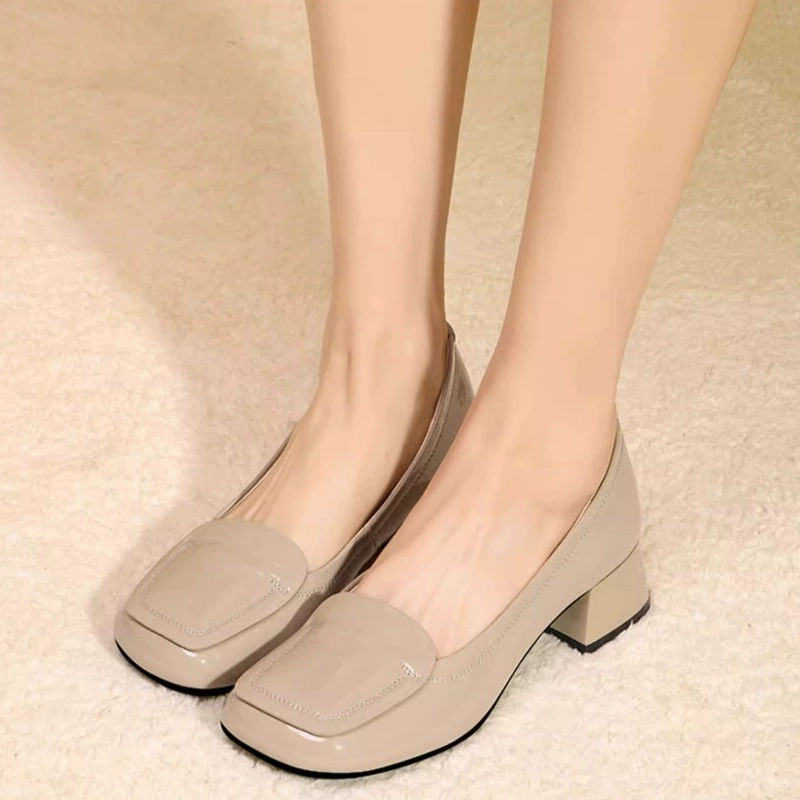 Осень 2023 г. Новые туфли без шнуровки, женские одиночные туфли, маленькие кожаные туфли с квадратным носком, женская обувь на толстом каблуке, универсальные мелкие туфли