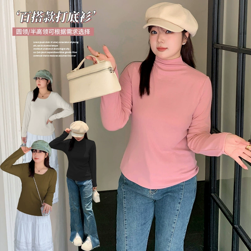 Женская серия больших размеров с круглым вырезом и полугиким воротником футболка 2024 осень новая стройная нижняя рубашка 311658