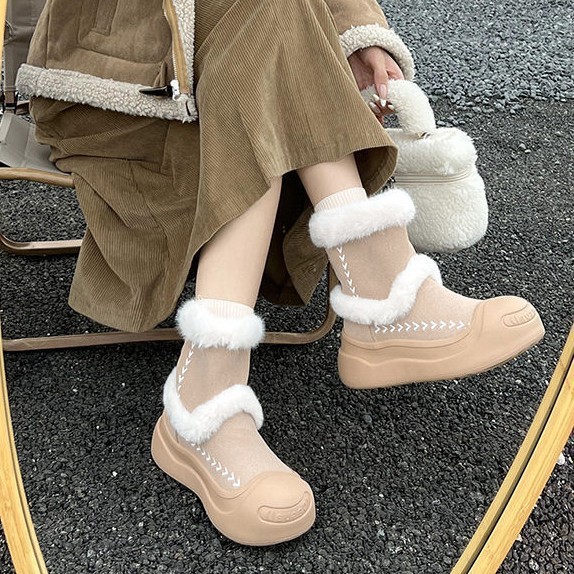 网红棉靴女2025冬季新款超火保暖百搭厚底防滑加绒皮毛一体雪地靴|undefined
