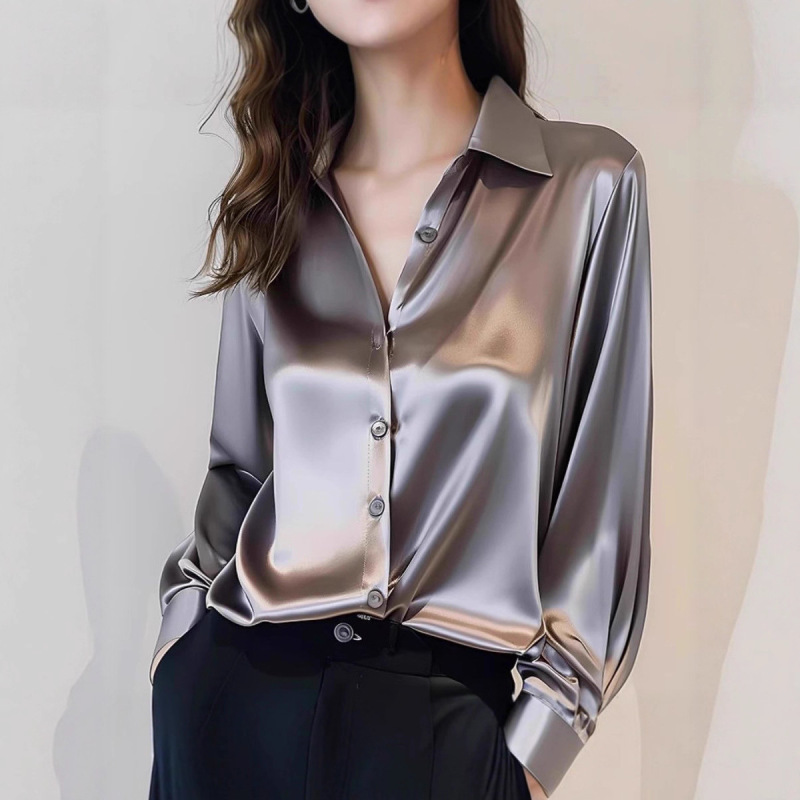 2025 Spring and Autumn New High-End Gray Acetate Satin Shirt Women's Long Sleeve Chic French Silk Professional Shirt