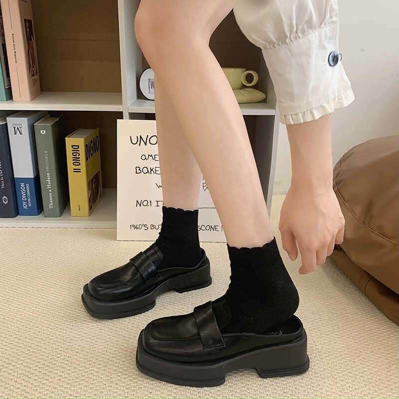 Square-Toe Thick-Soled British-Style Small Leather Shoes, Half-Slip Women's Shoes, 2025 Spring and Summer New Korean-Style Mule Shoes, Closed-Toe Loafers
