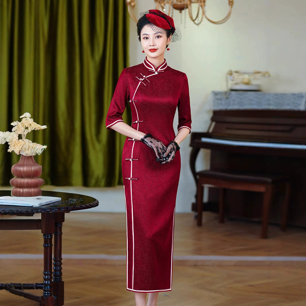 Летний новый винно-красный ацетат атласный традиционный чонсам длинный свадебный банкет для свекрови высокого класса