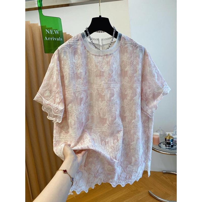 ブルー高级感レースブラウスレディース半袖トップス夏2025新作ゆるい刺繍ブラウスtシャツ洋風ブラウス|undefined