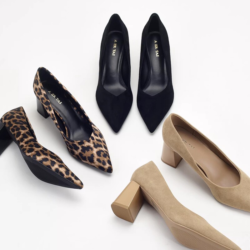 Original Spanish Export Leopard Print Suede Pointed Toe V-Cut Shallow Mouth Chunky Heel High Heel Professional Commuter Women's Shoes Original Spanish Export Leopard Print Suede Pointed Toe V-Cut Shallow Mouth Chunky Heel High Heel Professional Commuter Women's Shoes