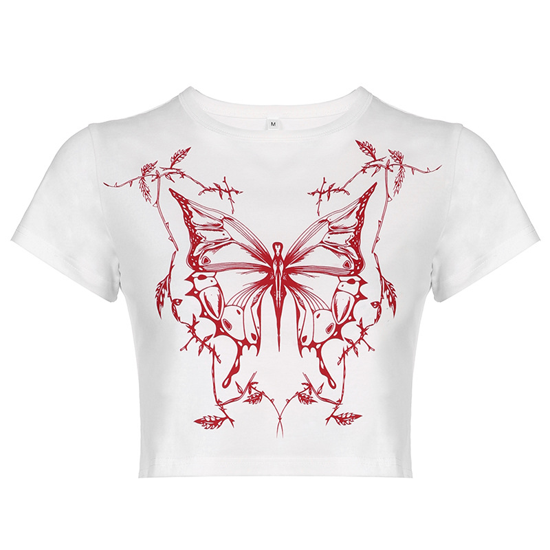 butterfly print contrast color round neck short-sleeved T-shirt NSSSN127864