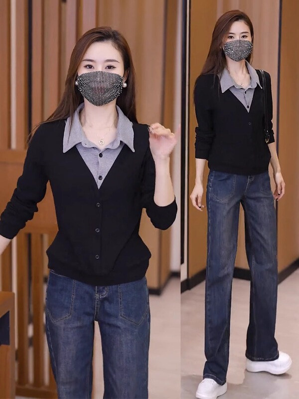 Fashion Denim Wide-Leg Pants Set Women's Autumn New Fake Two-Piece Shirt + Narrow Straight-Leg Pants Casual Two-Piece Suit