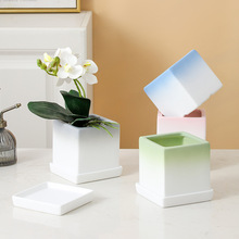 花盆陶瓷现代简约正方形桌面绿植盆栽带托盘客厅室内花盆植物容器