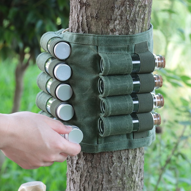 Outdoor Camping Bottle With 9 Glass Bottles, Foldable Seasoning Storage Bag, Canvas Bag Wholesale_voghion.com