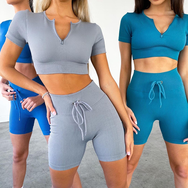 Transfronteriza nueva ropa de yoga sin costuras otoño e invierno con cremallera apretada manga larga Levantamiento de cadera con cordón pantalones de fitness ropa de yoga traje