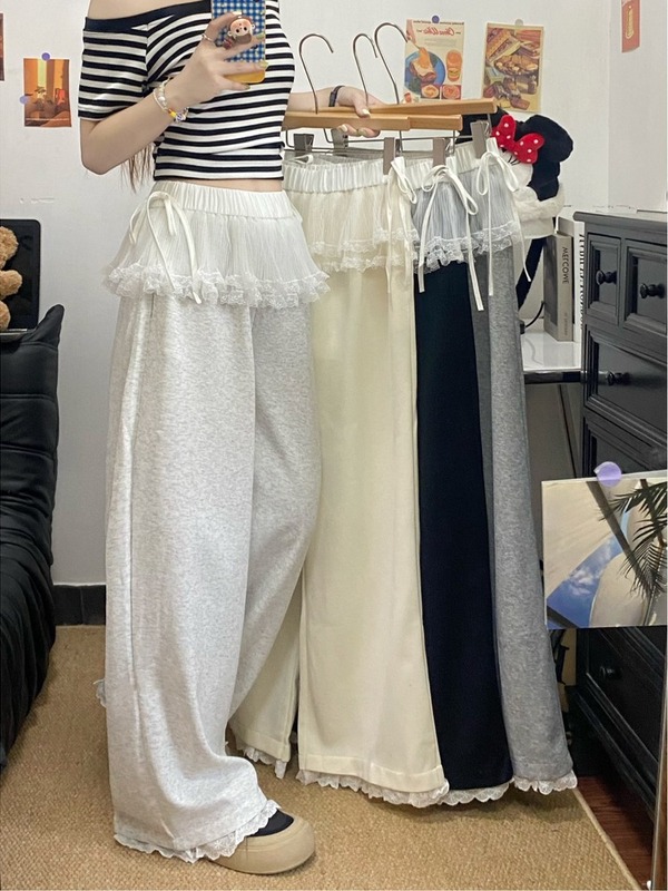 工場直接の甘いレースのスカートフェイクツーピースワイドレッグパンツ女性のための春と夏のルーズストレートカジュアルパンツ|undefined