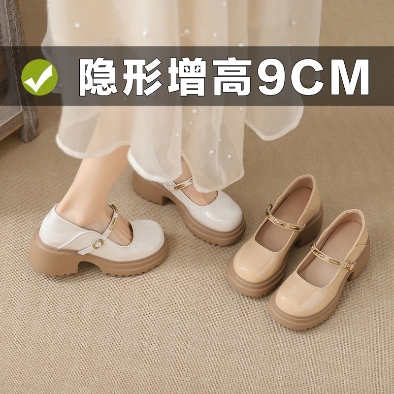 Invisible Height-Increasing 9cm Mary Jane Women's Shoes, Thick-Soled Leather Shoes, Round-Toe, Single-Strap, Shallow-Mouth Single Shoes for Women, 2026 New Model