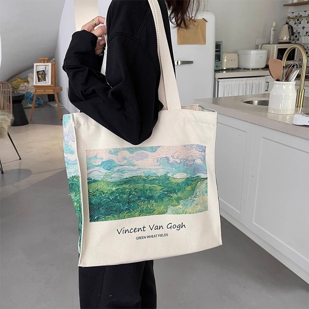 帆布袋定 制logo梵高油画立体款大容量托特包带拉链